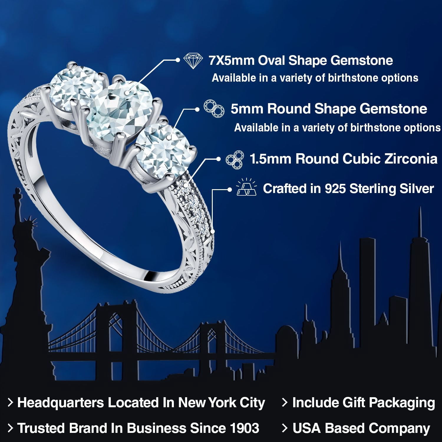 Gem Stone King 1.87 Cttw Sky Blue Aquamarine 3-Stone Engagement Ring for Women | 925 Sterling Silver | Oval 7X5MM and Round 5MM | Three Stone Wedding Anniversary Promise Ring | Size 9