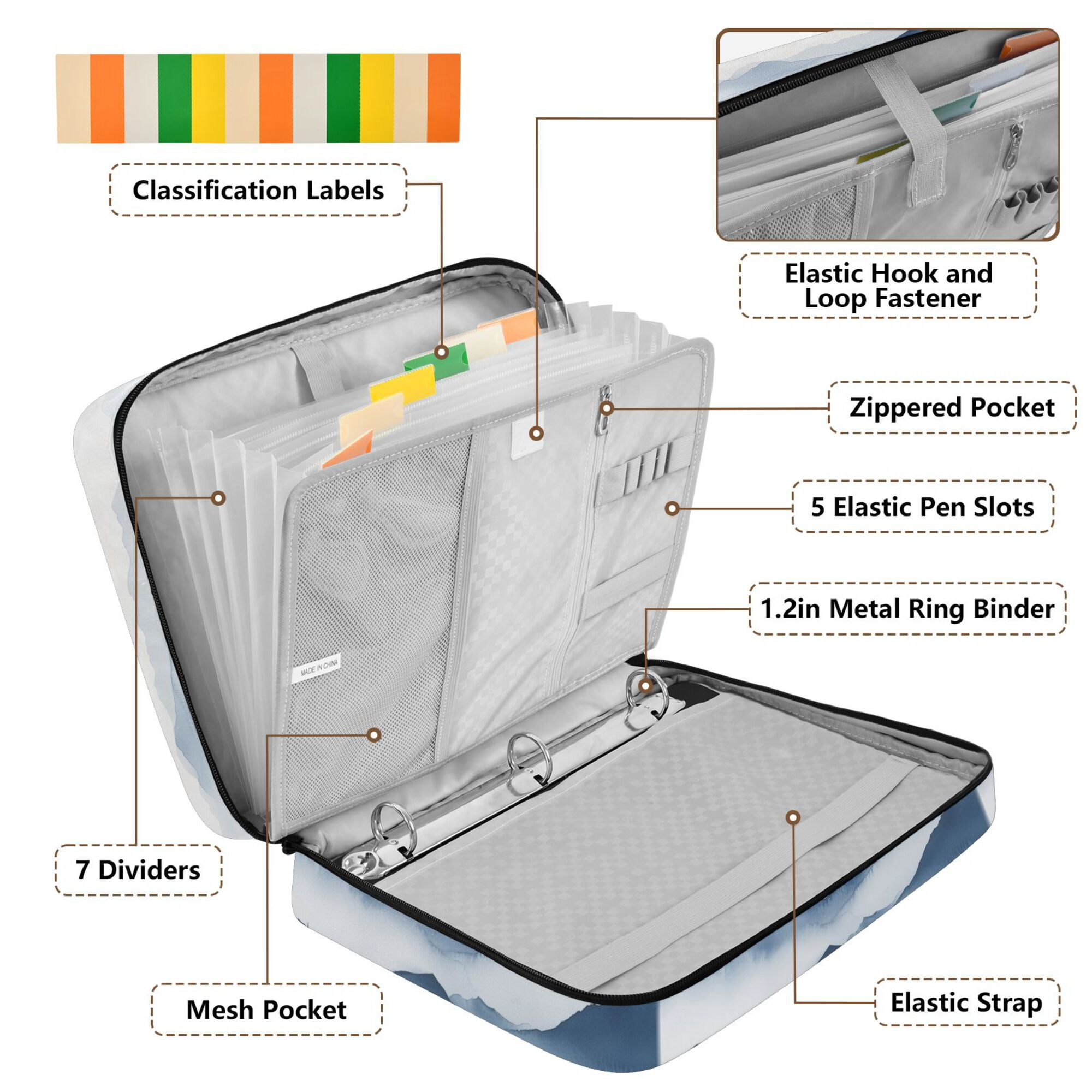 FORMRS Accordion File Folder A4 Size 7-Pocket Expanding Document Organizer Bag with 3 Ring Binder, Watercolor Mountains