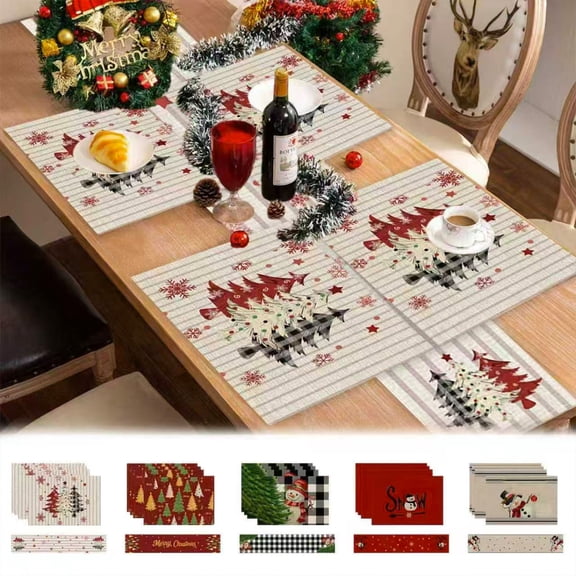 Honeplcked 5 Pcs Christmas Table Runner and Placemats Set Xmas Poinsettia Table Mat for Holiday Kitchen Dining Room Decor Party Christmas Table Decorations on Clearance