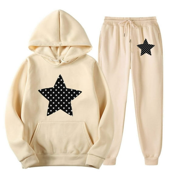 Busydd 2 Piece Sets for Women Fall Fashion Loose Star Print Sweatsuits Casual Hoodies and Elastic Waist Sweatpants with Pockets Vacation Outfits for Women
