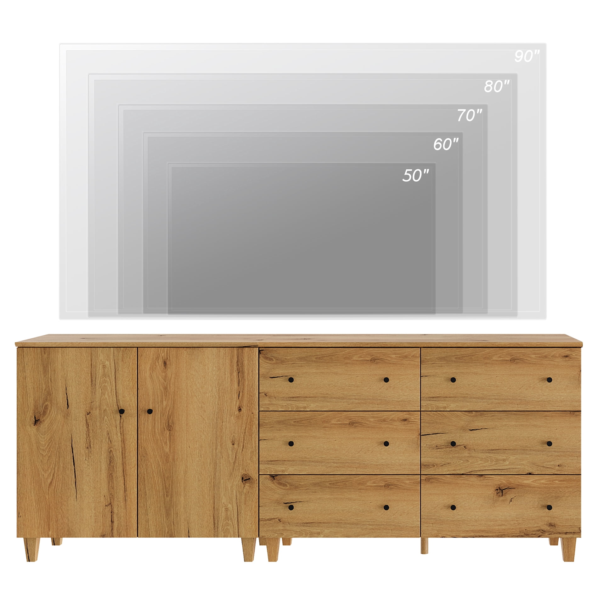 WAMPAT Wide TV Stand for 85+ Inches TVs, 2-in-1 Modern Wooden Media Console with 6 Spacious Drawers and 1 Storage Cabinet for Living Room, Oak Brown