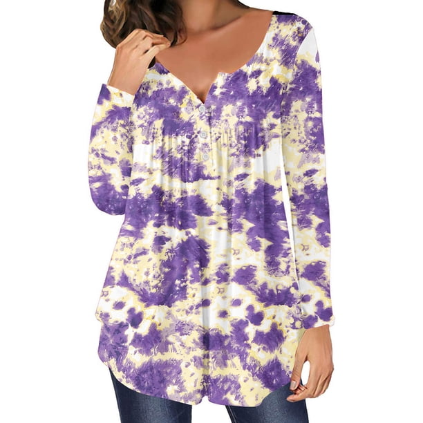 ICHUANYI Clearance Women Casual T-shirt Printed Long Sleeve Round Neck Ruched Pullover Blouse Tops(Purple, S) ICHUANYI WER2023081112027