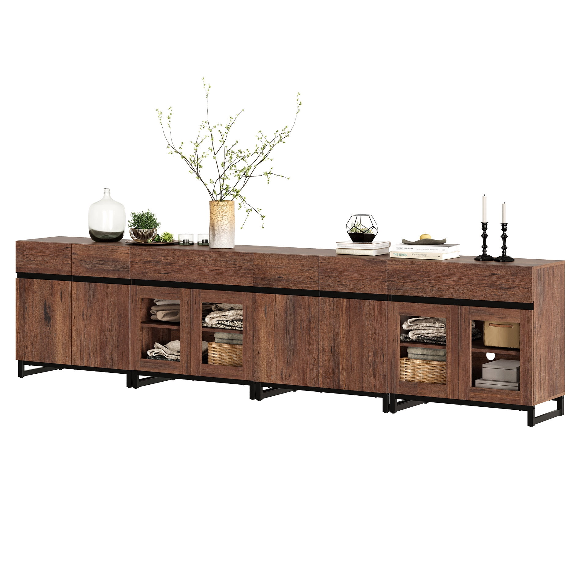 4 In 1 Sideboard Buffet Cabinets With Glass Doors And 2 Drawers, Modern Sideboard Credenza With Adjustable Shelf And Metal Base, Coffee Bar Cabinet Storage Cabinet