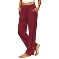 thumbnail image 3 of Womens Straight Leg Pants, Wide Leg Casual Pants with Elastic Waist, Drawstring & Pockets, Yoga Lounge Casual Wear | VerBelle,Wine S, 3 of 7