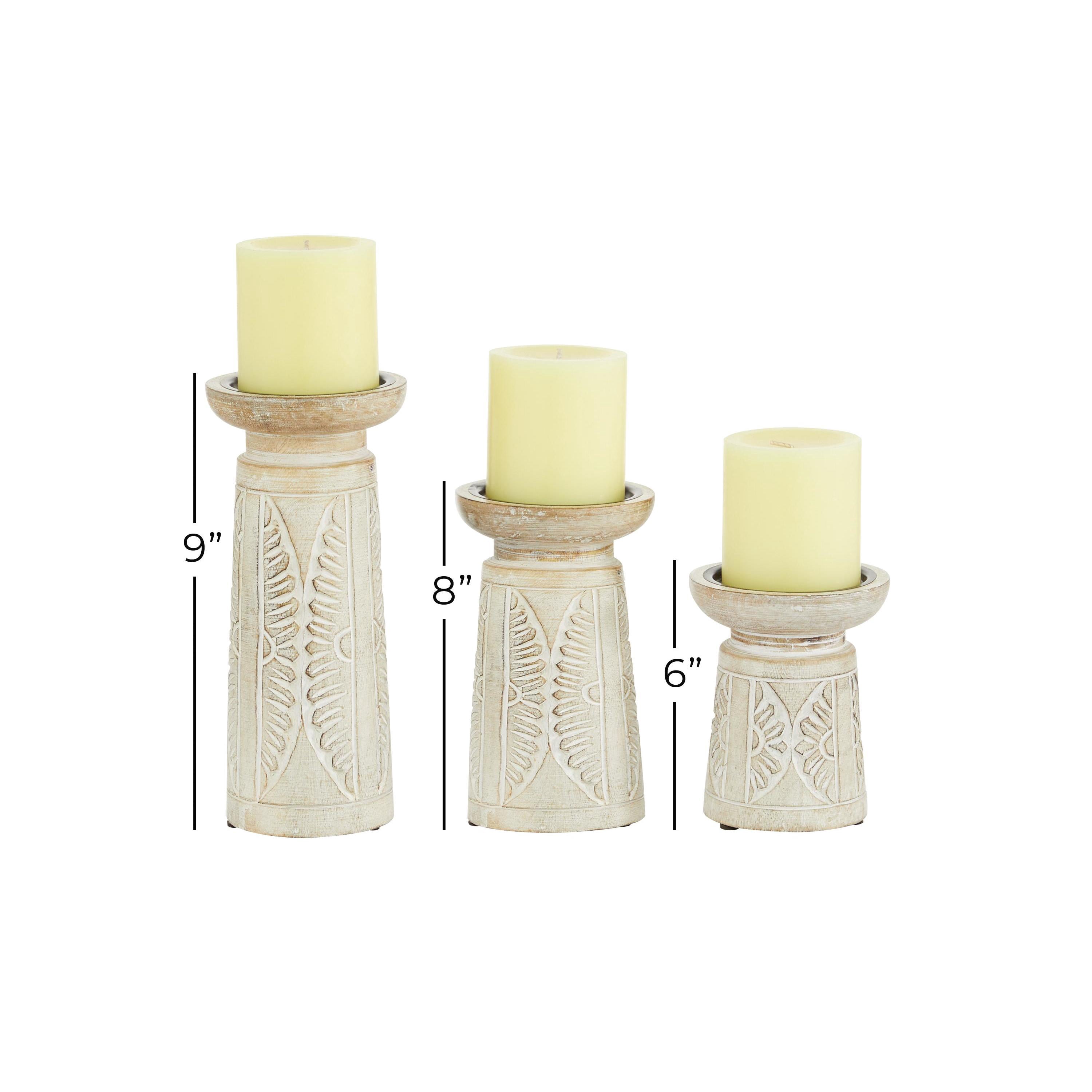 DecMode 3 Candle White Wood Handmade Floral Intricate Carved Pillar Candle Holder, Set of 3