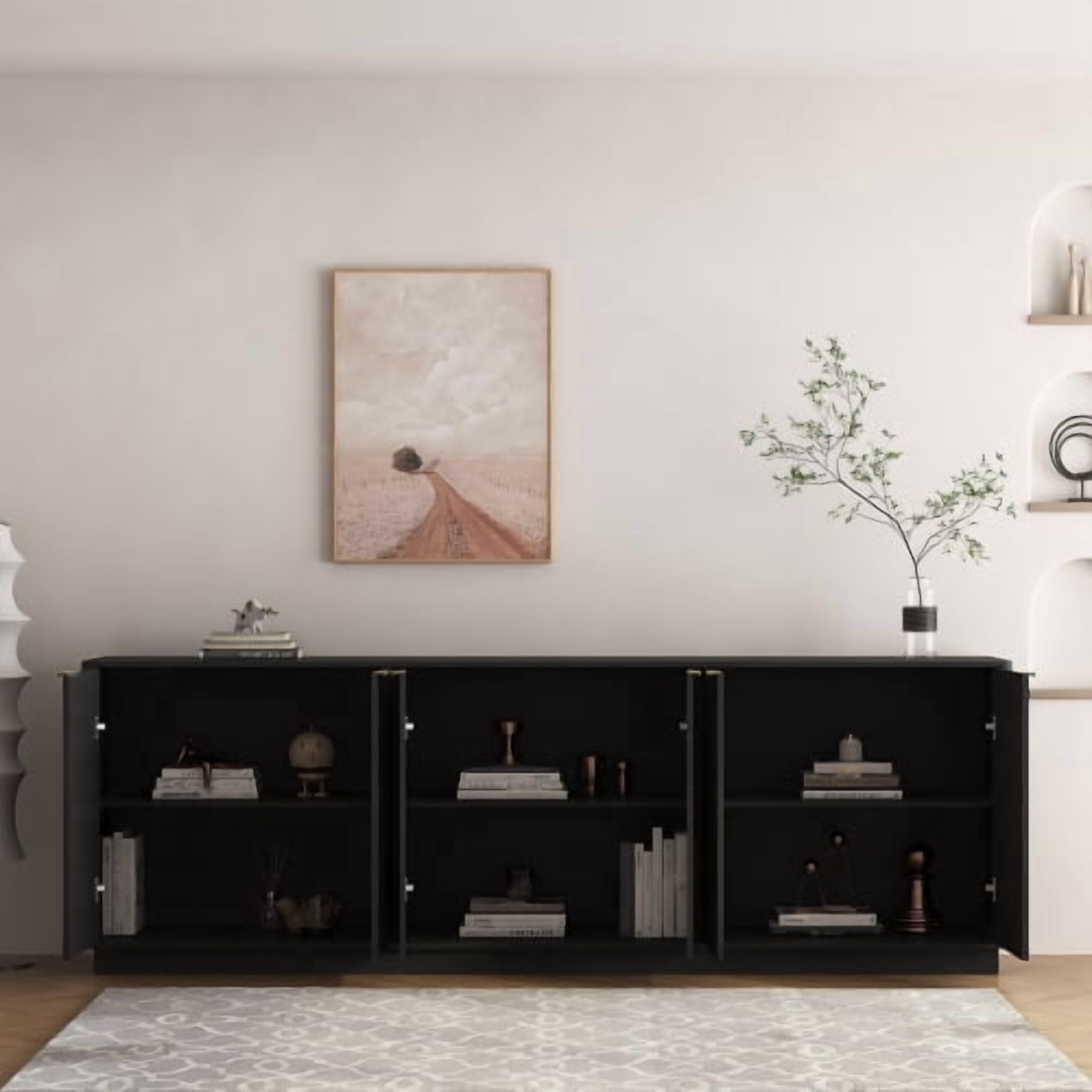 Modern Fluted Sideboard Cabinet with Storage, 6-Door Buffet Credenza with Adjustable Shelves, Accent Console Table for Living Room, Dining Room, TV Stand, Black