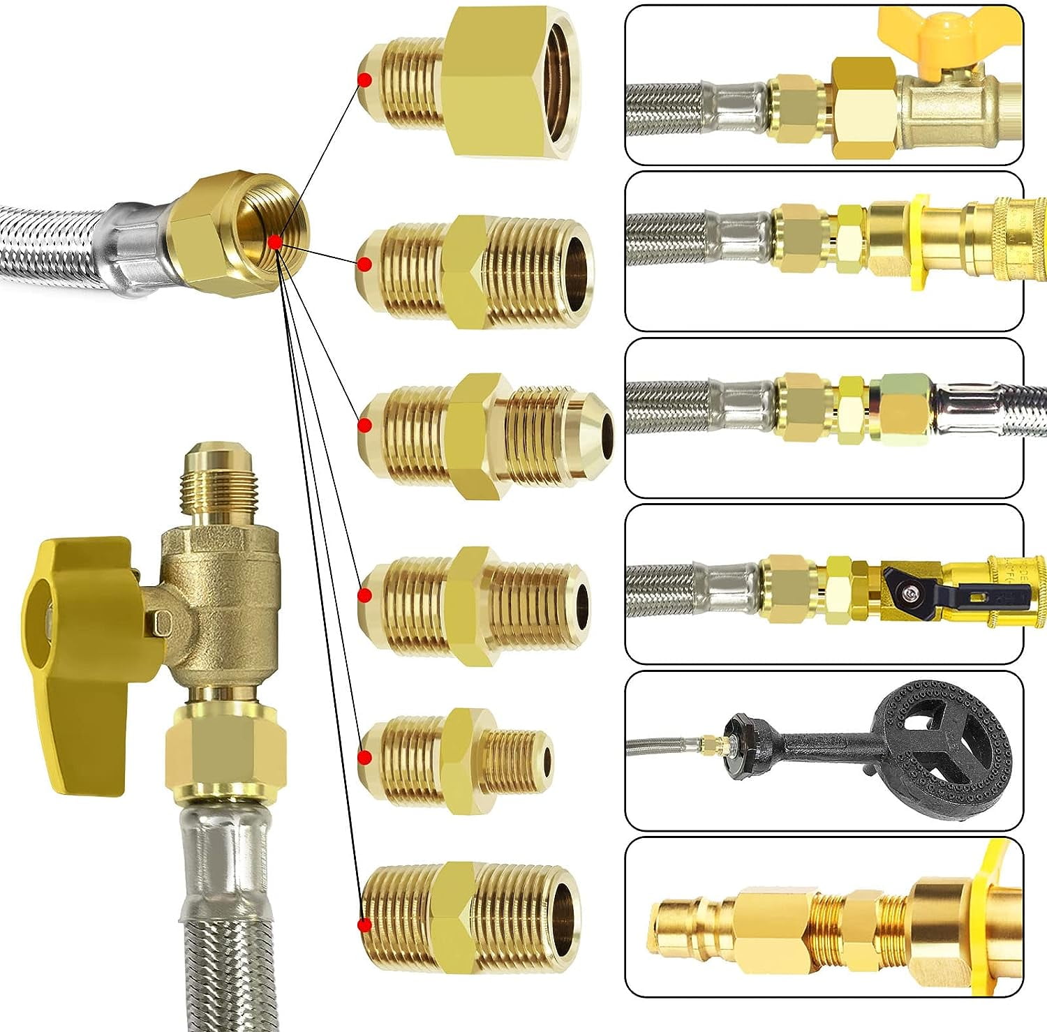 12 Feet High Pressure Braided Propane Hose Extension with Conversion Coupling 3/8" Flare to 1/2" Female NPT, 1/4" Male NPT, 1/8" NPT Male,3/8" Male NPT, 3/8" Male Flare for BBQ Grill, Fire Pit, Heate