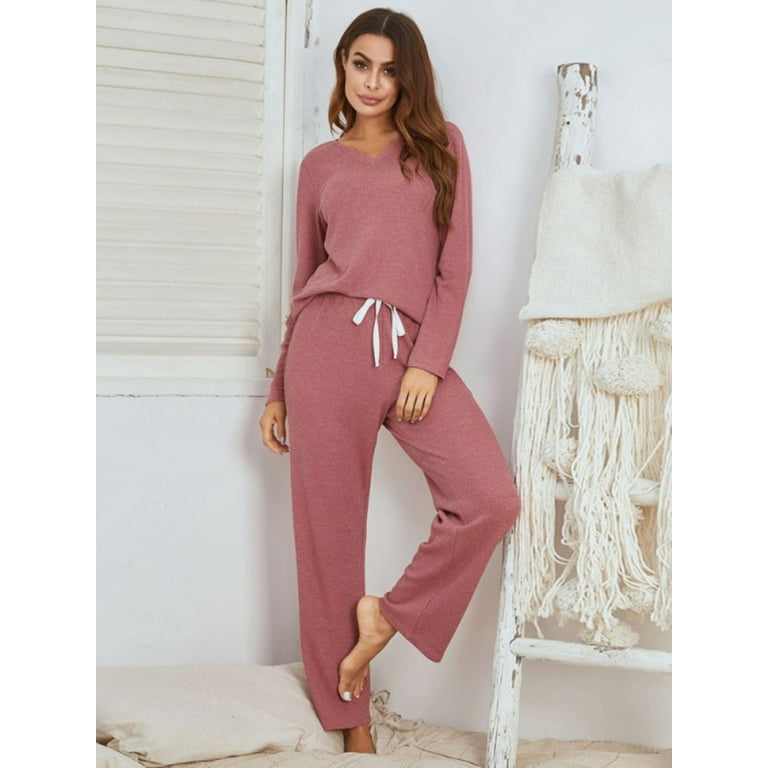 Women Loungewear Sets 2 Piece pj Sets,Long Sleeved V Neck Sweatshirt with  Drawstring Pajamas Sweatpants Sets,Winter Indoor Sleepwear Sweatsuits  Casual Joggers Pullover Outfit Workout Track Sui,Blue 