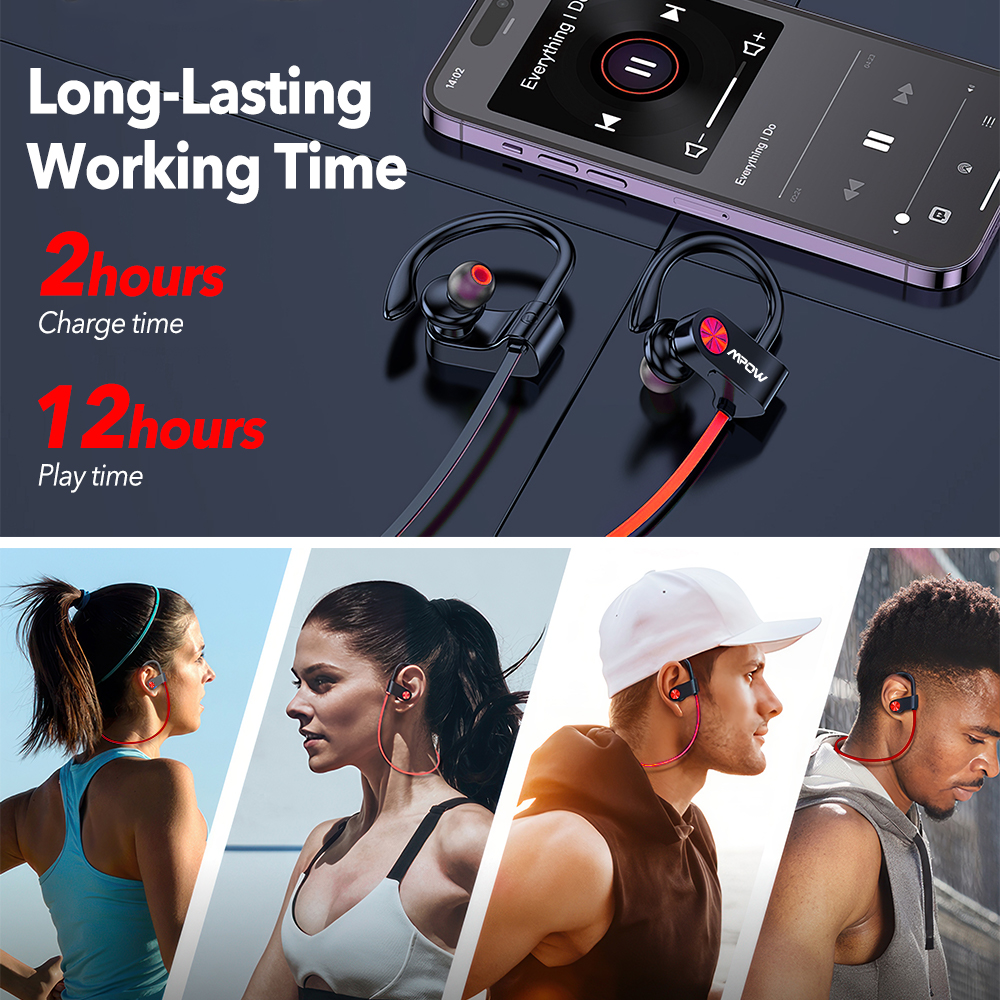 Mpow Wireless Sports Earbuds, Flame Bluetooth 5.3 Headphones with Mic IPX7 Waterproof Stereo Sweatproof in-Ear Earphones, Noise Cancelling Headsets, Black&Red