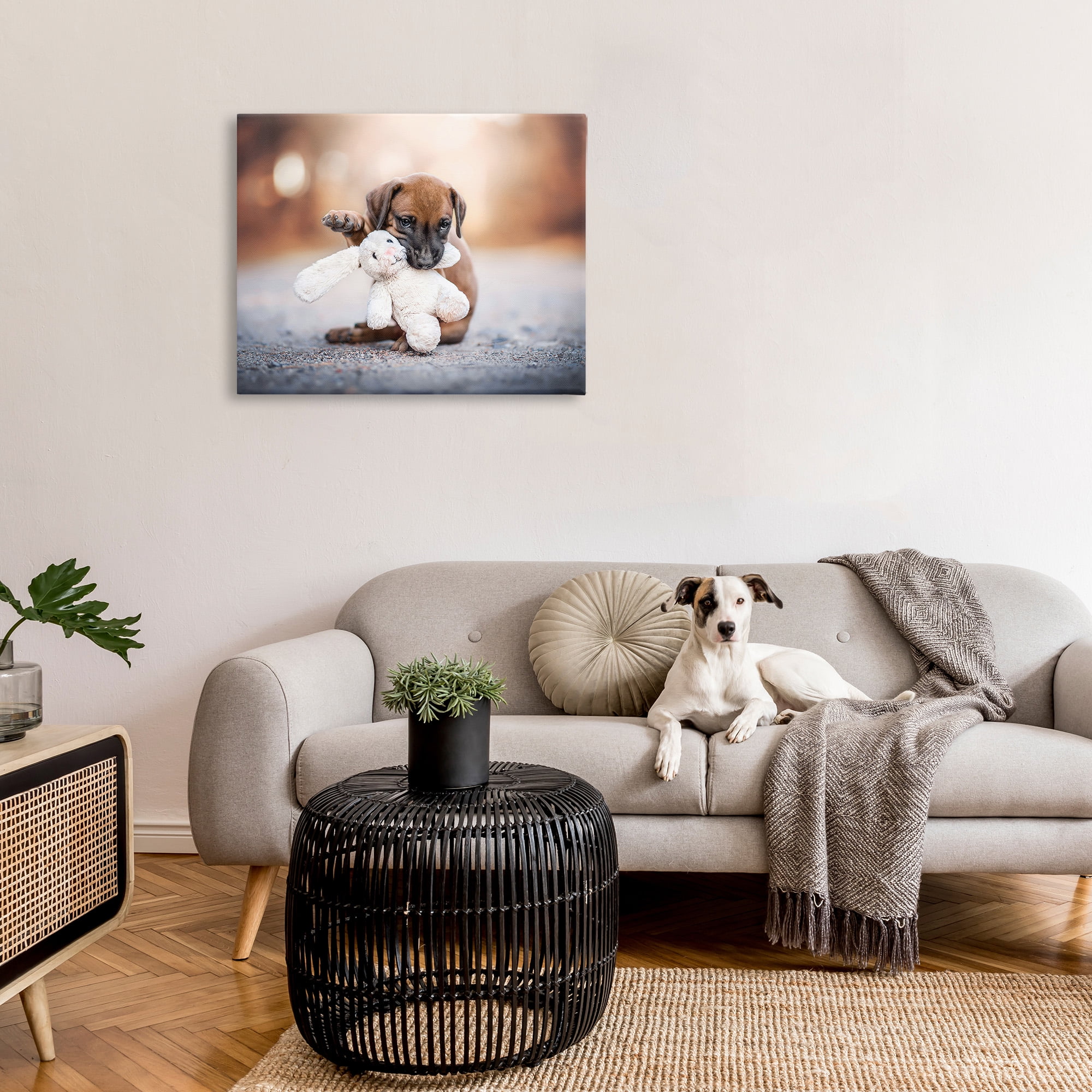 Stupell Industries Puppy with Plushie Toy Animals & Insects Painting Gallery Wrapped Canvas Art Print Wall Art, 40 x 30