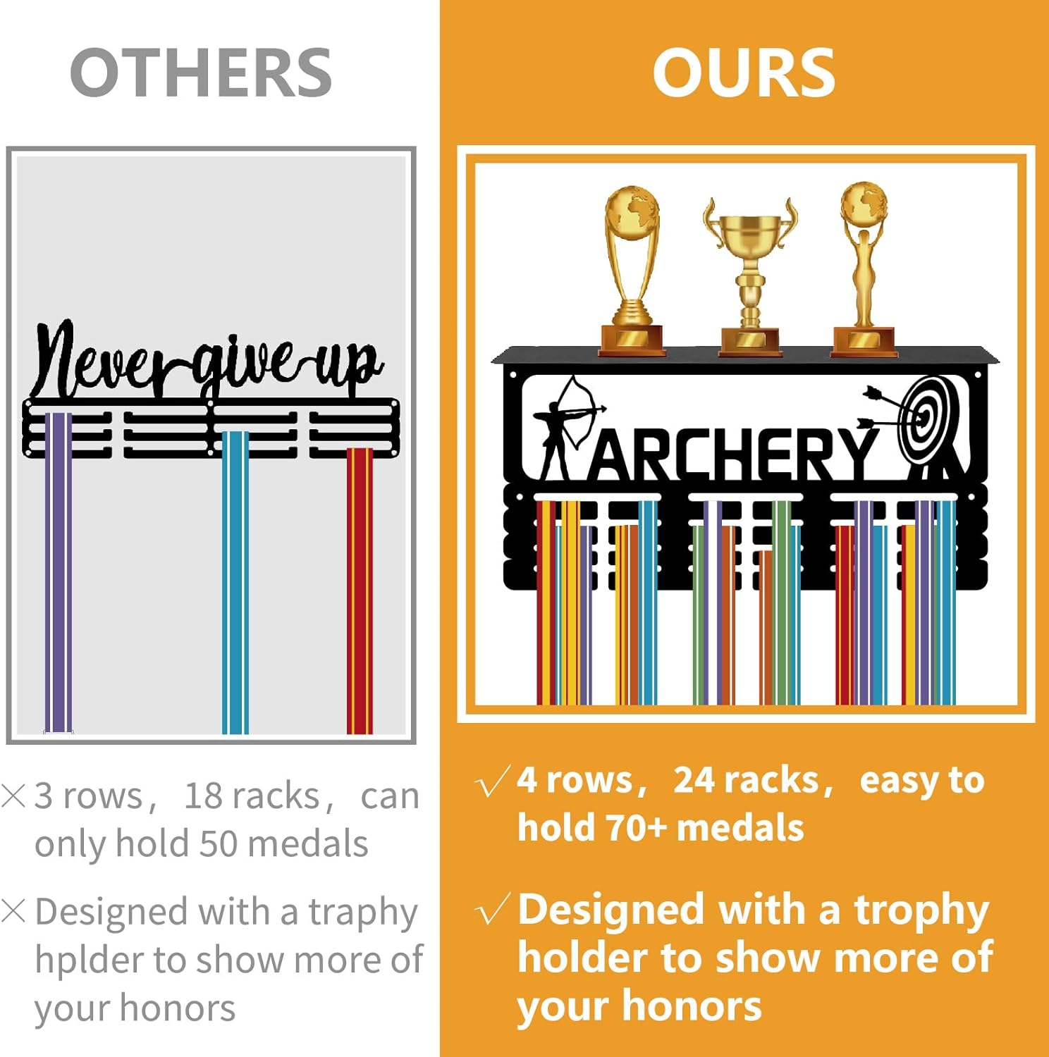 Archery Medal Holder Trophy Shelf Medal Hanger Display with Shelf Stand Sports 4 Rows Wall Mount Hold 70+ Medals for Men Gymnastics Soccer Running Swimming Awards Rack 15.7 x 7.9 InchBlack