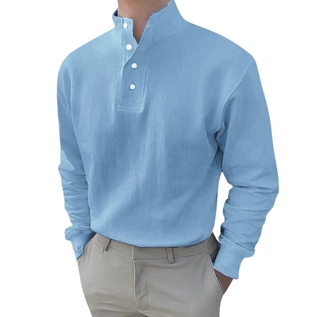 Aqestyerly Hauts pour Hommes Chemise Décontractée Unie Col en V Manches Longues Col Roulé