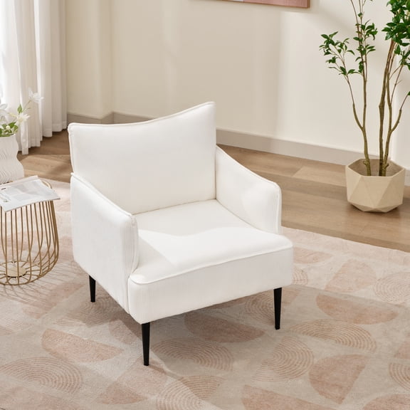 Modern Accent Chair, Upholstered Living Room Chairs With High Back and Metal Legs, Ergonomic Cozy Single Sofa Chair, Soft Corduroy Armchair, Reading Chairs for Bedroom, White