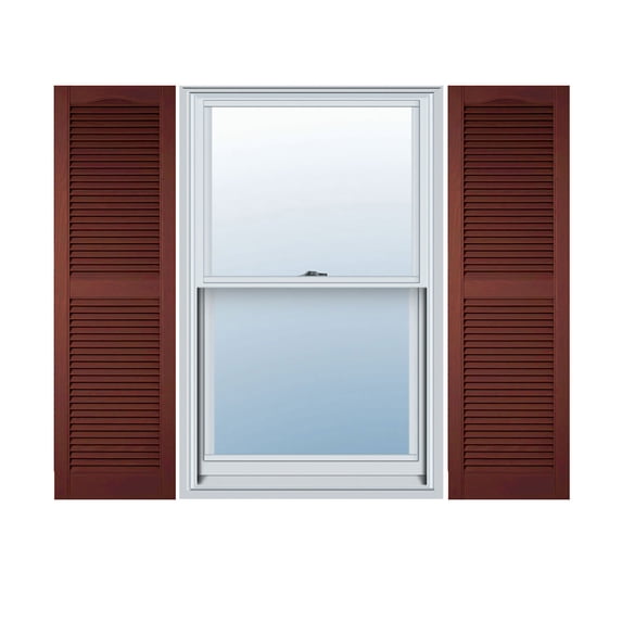 14 1/2"W x 64"H Lifetime Vinyl, Custom Cathedral Top Center Mullion, Open Louver Shutters, w/Shutter-Loks (Per Pair), Burgundy Red