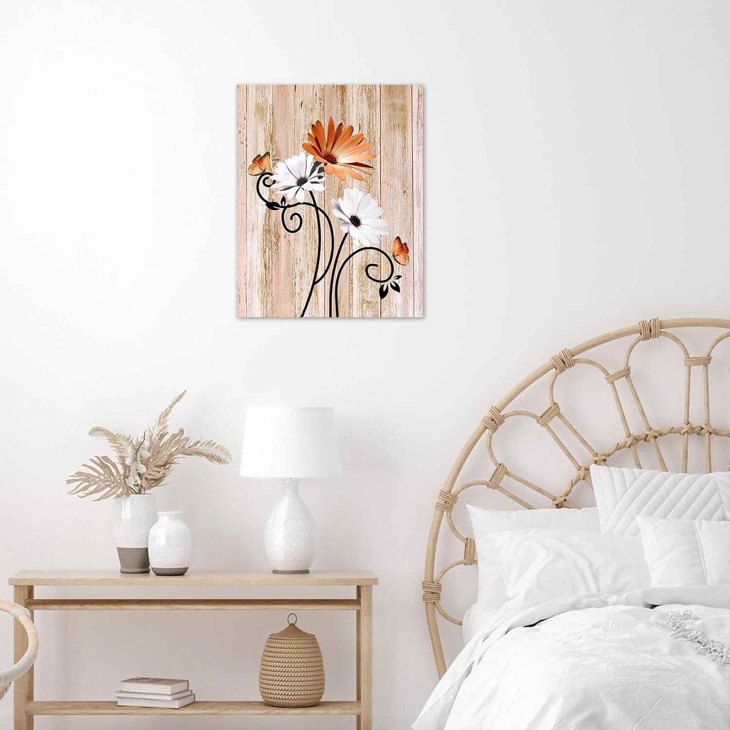 Floral Canvas Wall Art - Daisy & Butterfly Botanical Wall Decor, Rustic Farmhouse Pictures for Living Room, Bedroom, Bathroom & Home Office