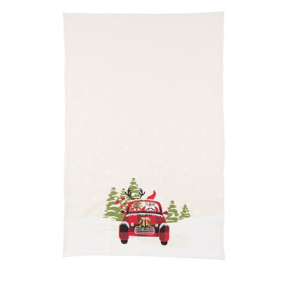 27" x 18" Reindeer Driving Red Plaid Truck "Road Trip Friends" Christmas Winter Cotton Kitchen Dish Towel Decor Decoration
