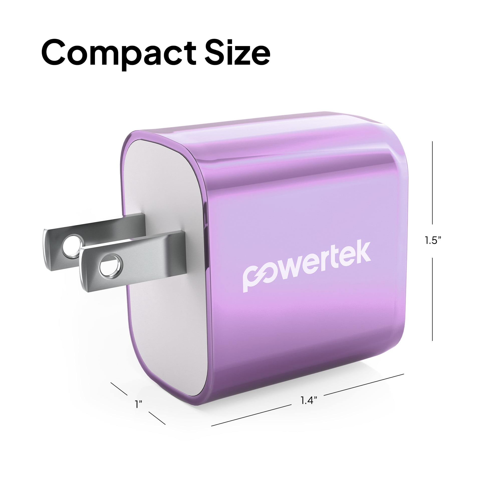 Powertek Luxe 20W USB-C + 18W USB-A Fast Charging Dual Port Block, Purple, Compatible with iPhone, Android, Tablets & USB Devices, Compact Travel Adapter