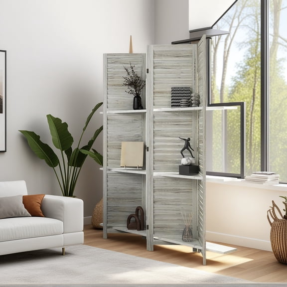 Yardi Yarda 4 Panel 67" Tall Wood Privacy Screen, Room Divider with 3 Shelves and Folding Storage for Indoor, White