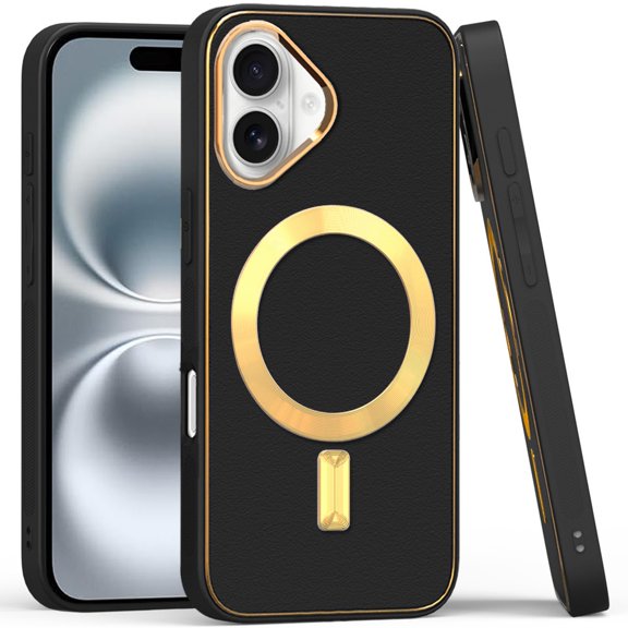For Apple iPhone 16 Plus (6.7") PU Leather Magnetic Case Slim Protective Cover with MagSafe Compatibility Hard PC Gold Frame Protection Cover, XPM Phone Case [Black]