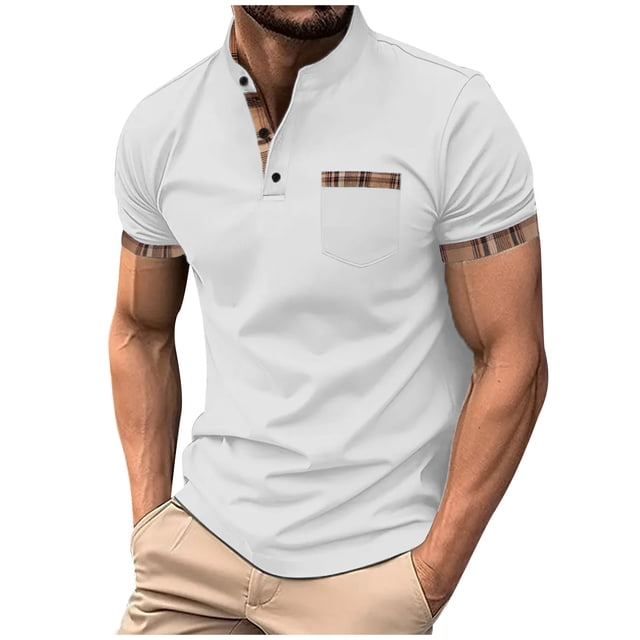 pstuiky camisetas para hombre, Camiseta de manga corta con cuello alto, botones y bolsillos para hombre ropa de hombre xxxl