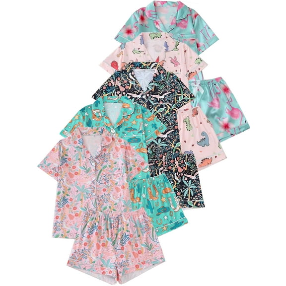 WIBACKER S-2XL Womens Pajamas Set Short Sleeve Button Down 2 Piece Plants Flowers Loungewear Sets Tops and Shorts Sleepwear