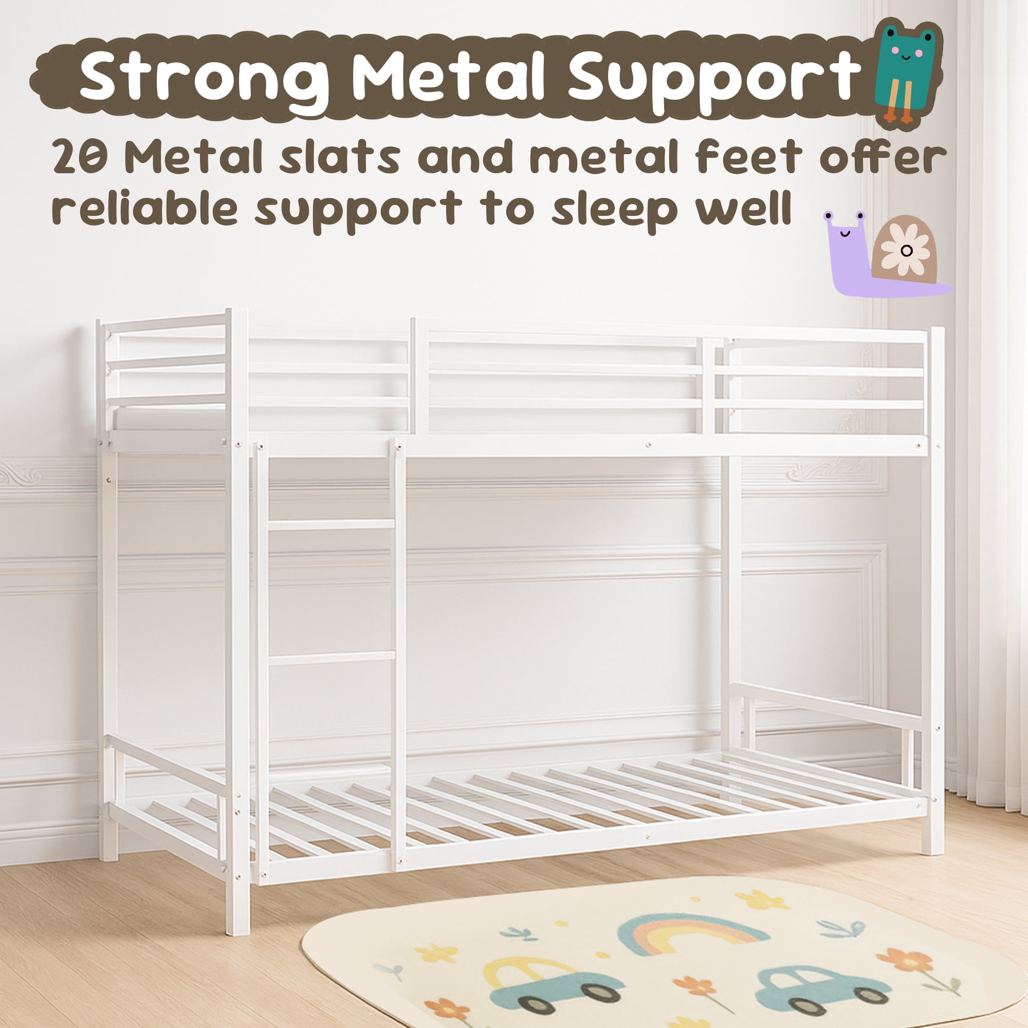Alvantor Metal Bunk Bed Twin over Twin for Kids Adults, Low Bunk Bed with Guardrails and Ladder for Bedroom White
