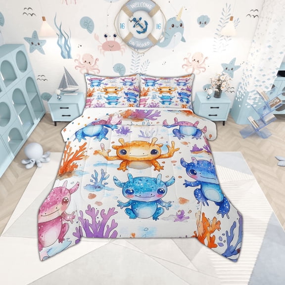 Erosebridal Cartoon Axolotl Bedding Twin Comforter Set,Kawaii Animal Down Comforter,Cute Wildlife Bedding Sets Twin with Comforter,Microfiber Ocean Room Decoration,Reversible,2-Piece
