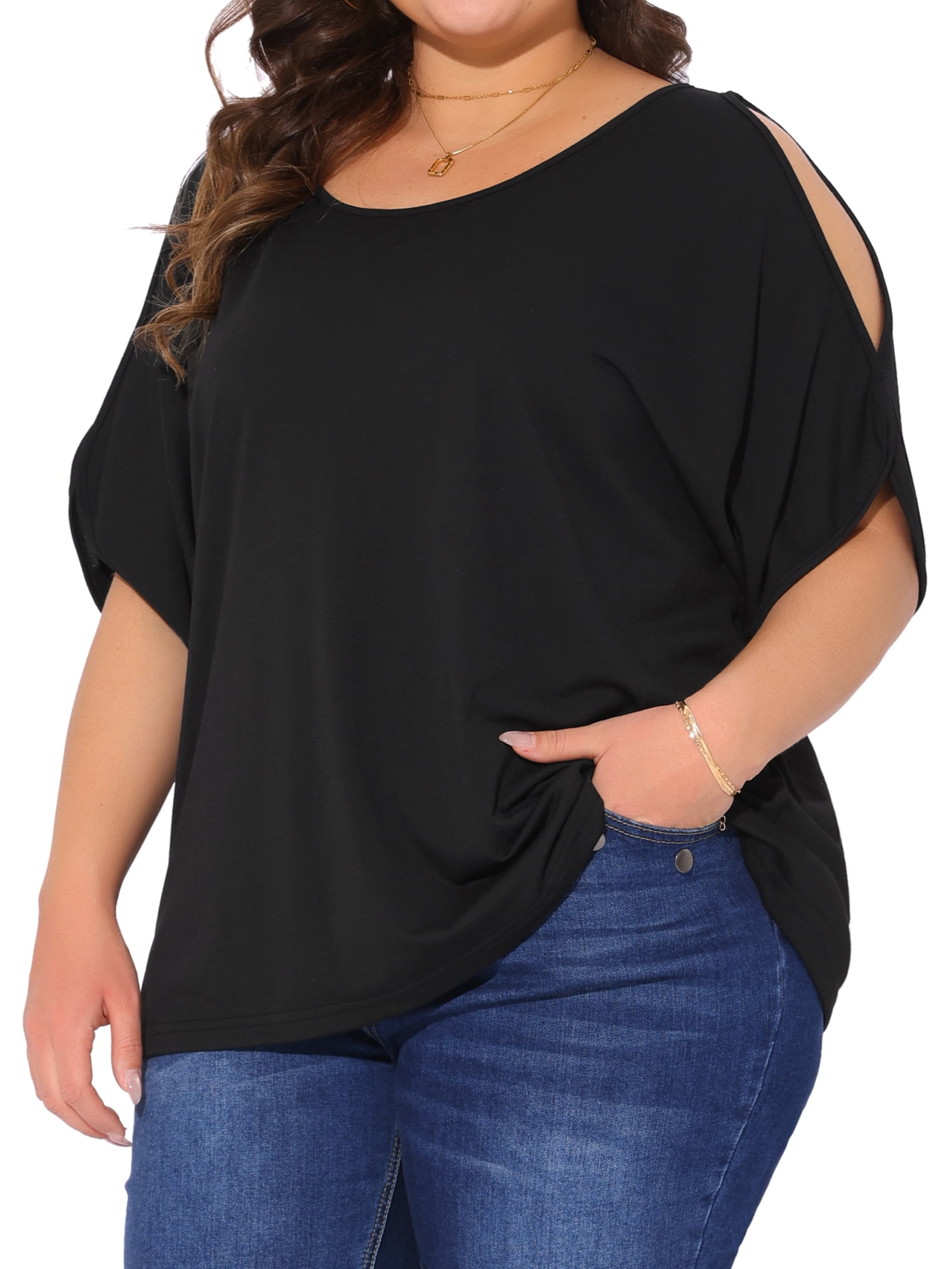 DARING DIVA Women's Plus Casual Crew Neck Cold Shoulder Summer Blouse 2X Black