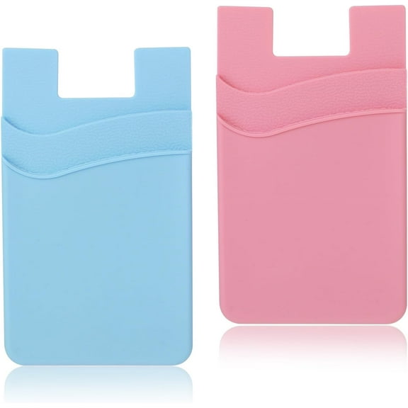 2-Pack Silicone Phone Card Holder, Double Pocket Adhesive Credit Card Wallet for Back of Phone, Compatible with Most Cell Phones, Secure and Stylish (Pink, Blue)