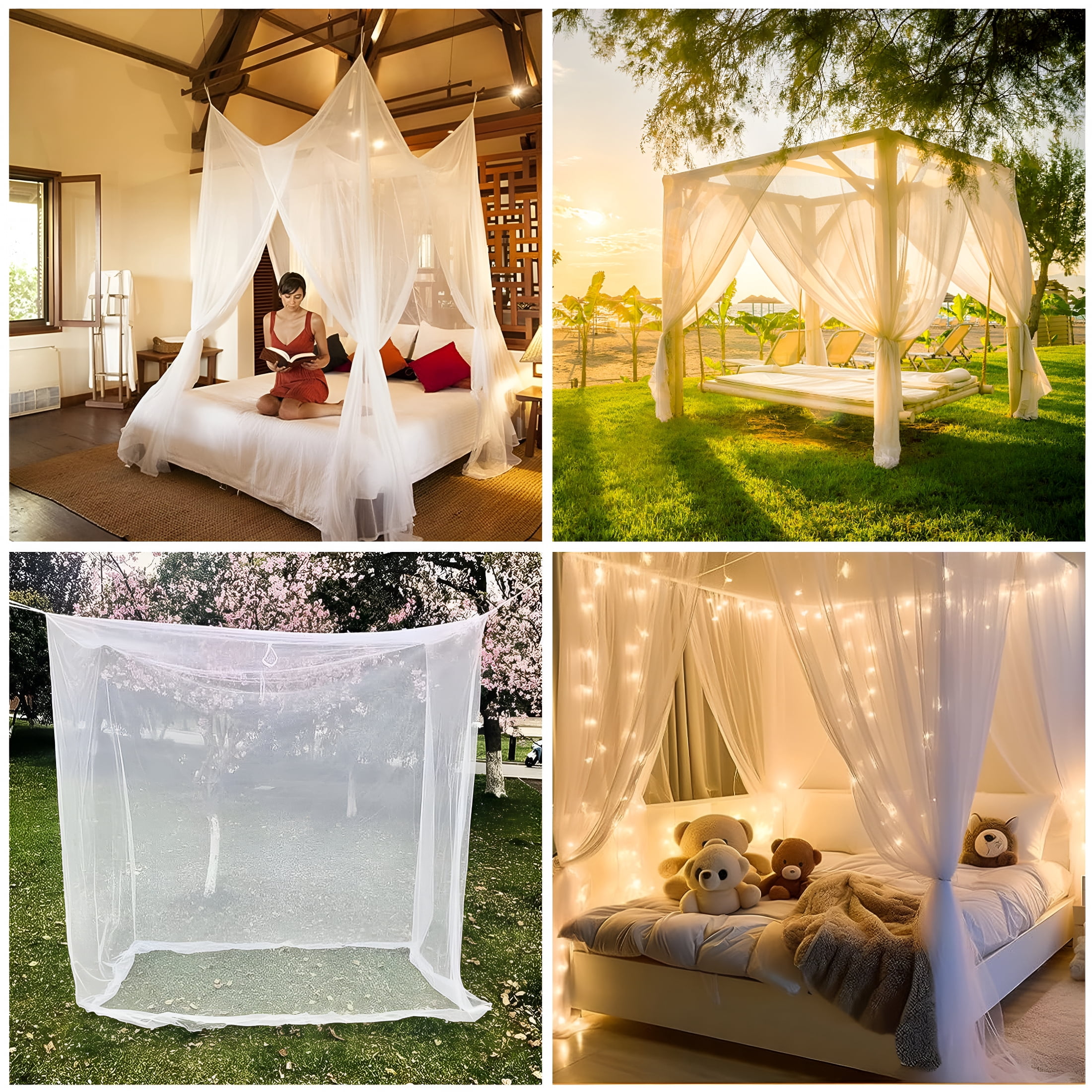 AUQ 2026 New Mesh Mosquito Net,Full Queen King Size Bed Canopy,Four Opening Bed Curtains Canopy Bed Curtains for Bedroom,Dorm,Guest Room,Bed White