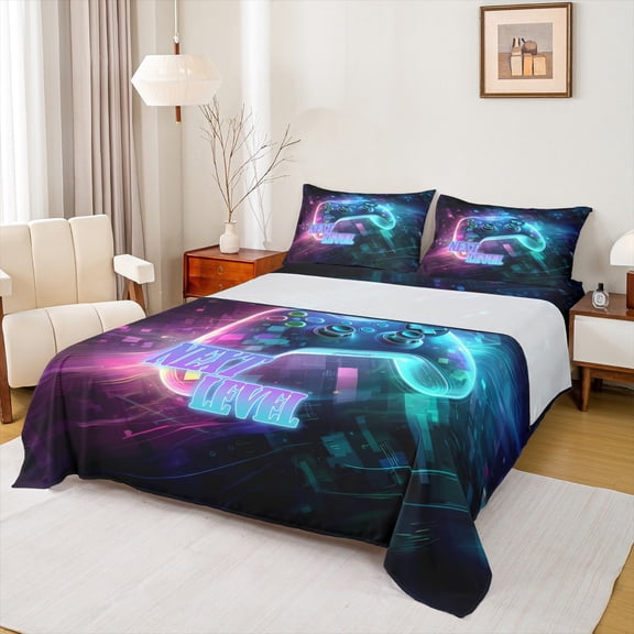 Homewish Gradient Gamepads Twin Sheet Sets 3pcs for Kids Teens,Futuristic Cubes Plaid Twin Fitted Sheet Microfiber,Abstract Ombre Video Game Breathable Flat Sheet,Luxury Bedroom Decor