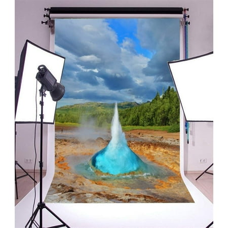 Image of ABPHOTO 5x7ft Photography Backdrop The Fountain of Azure Water Geyser Strokkur in Iceland Trees Blue Sky WHite Cloud Nature Landscape Photo Background Backdrops