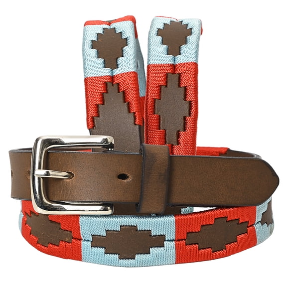 BE BAR H EQUINE Western Genuine Leather Men And Women Brown Belt Embroidered Red & Light Blue