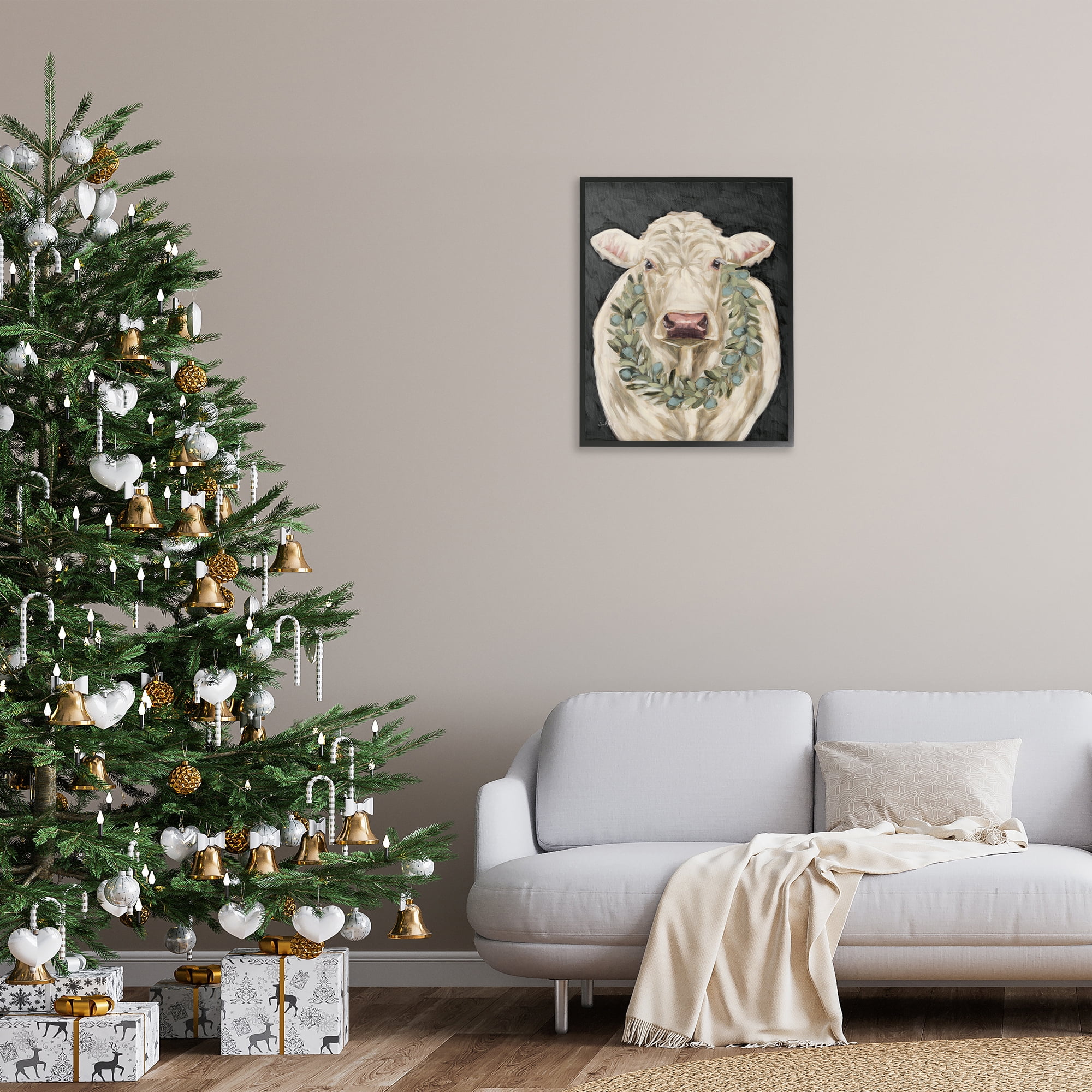 Stupell Industries Cow with Holiday Wreath Holiday Painting Black Framed Art Prints Wall Art, 24 x 30