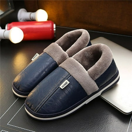 

QWZNDZGR Winter Indoor Slippers Women Plush Keep Warm Flat Home Shoes Soft Comfort Slides Men Pu Leather Waterproof Slipper Fashion Shoes