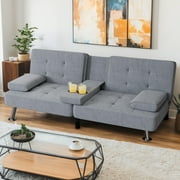 Homall Linen Convertible Futon with Cupholders, Removable Armrests, and Metal Legs, Dark Gray