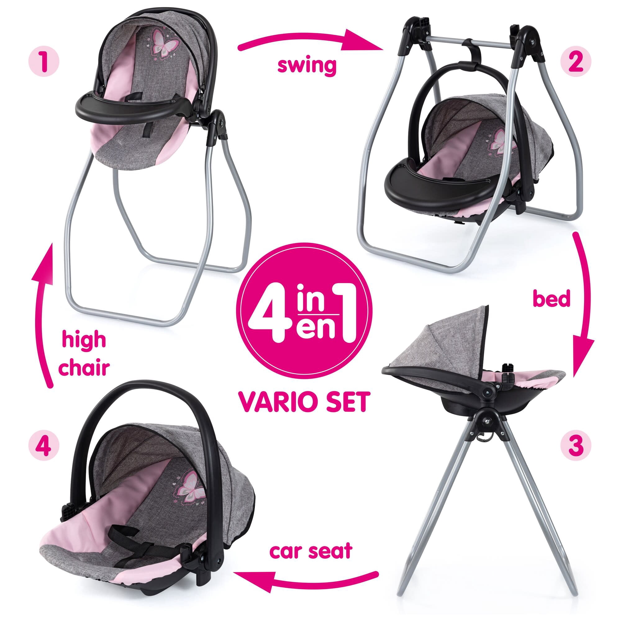 Bayer Design: Doll 4-In-1 Vario - Grey-Pink-Butterfly - Convertible Toy: Highchair-Swing-Bed-Car Seat, All-In-1 Care Accessory Fits 18" Dolls, Kids 3+