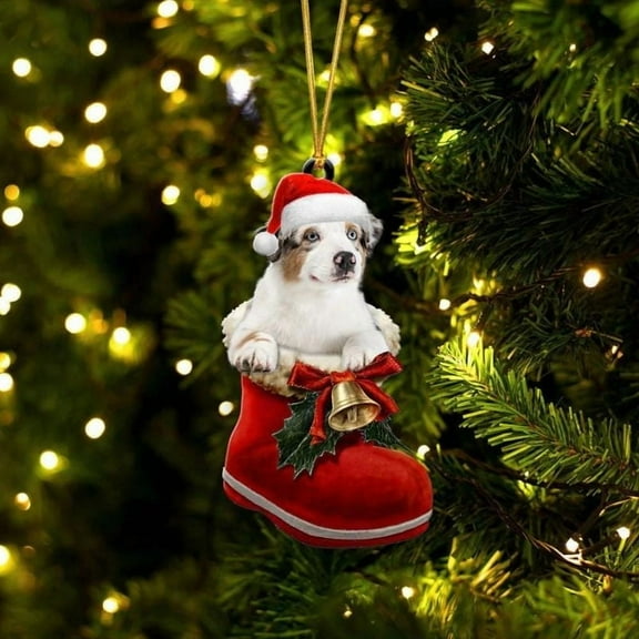Acrylic 2D FLAT Australian Shepherd In Santa Boot Christmas Hanging Ornament