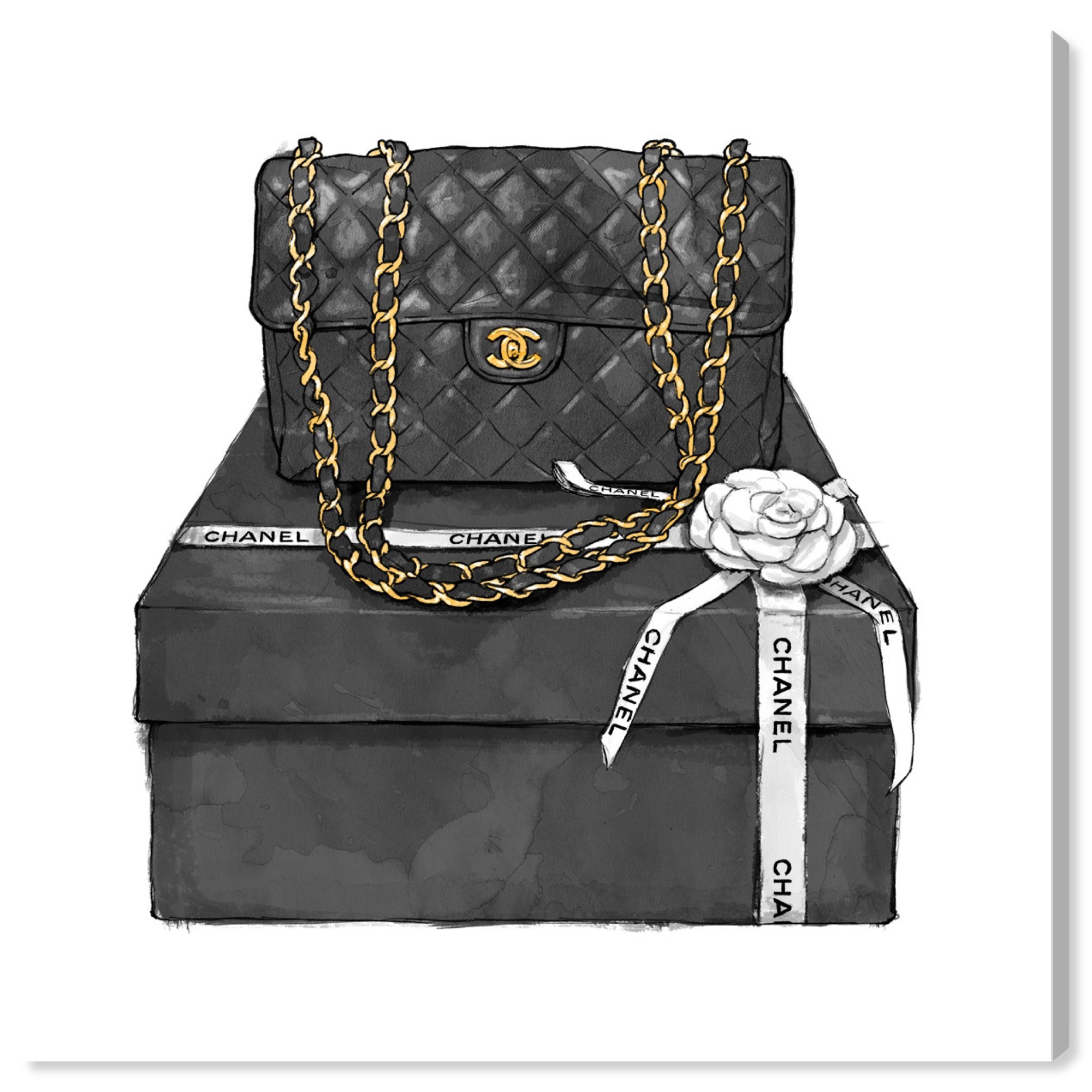 Runway Avenue Fashion and Glam Wall Art Canvas Prints 'Boxed Beauty' Handbags - Black, Gold