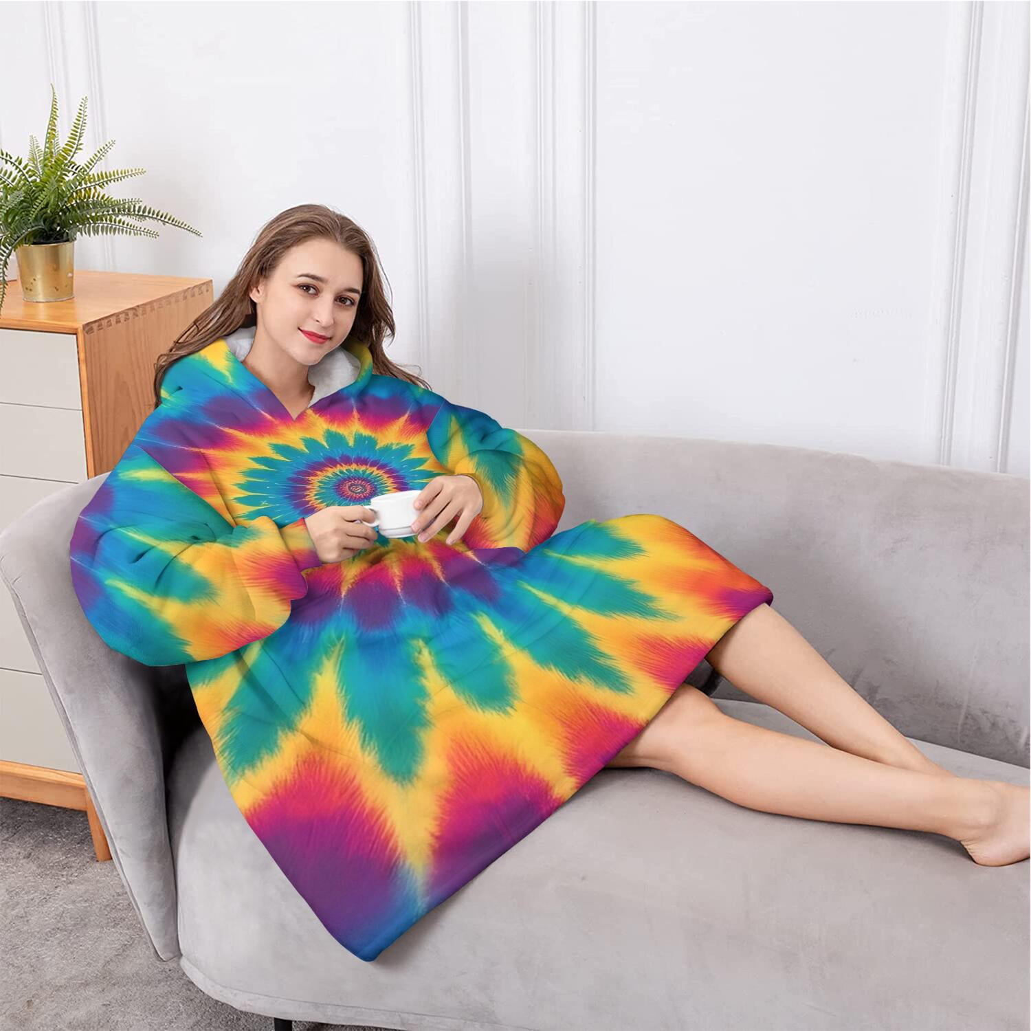 Oversized Wearable Blanket Hoodie,Colorful Tie Dye Mandala Pattern Sherpa Blanket Hoodie with Super Pockets,Super Warm Fuzzy Pullover for Women & Men