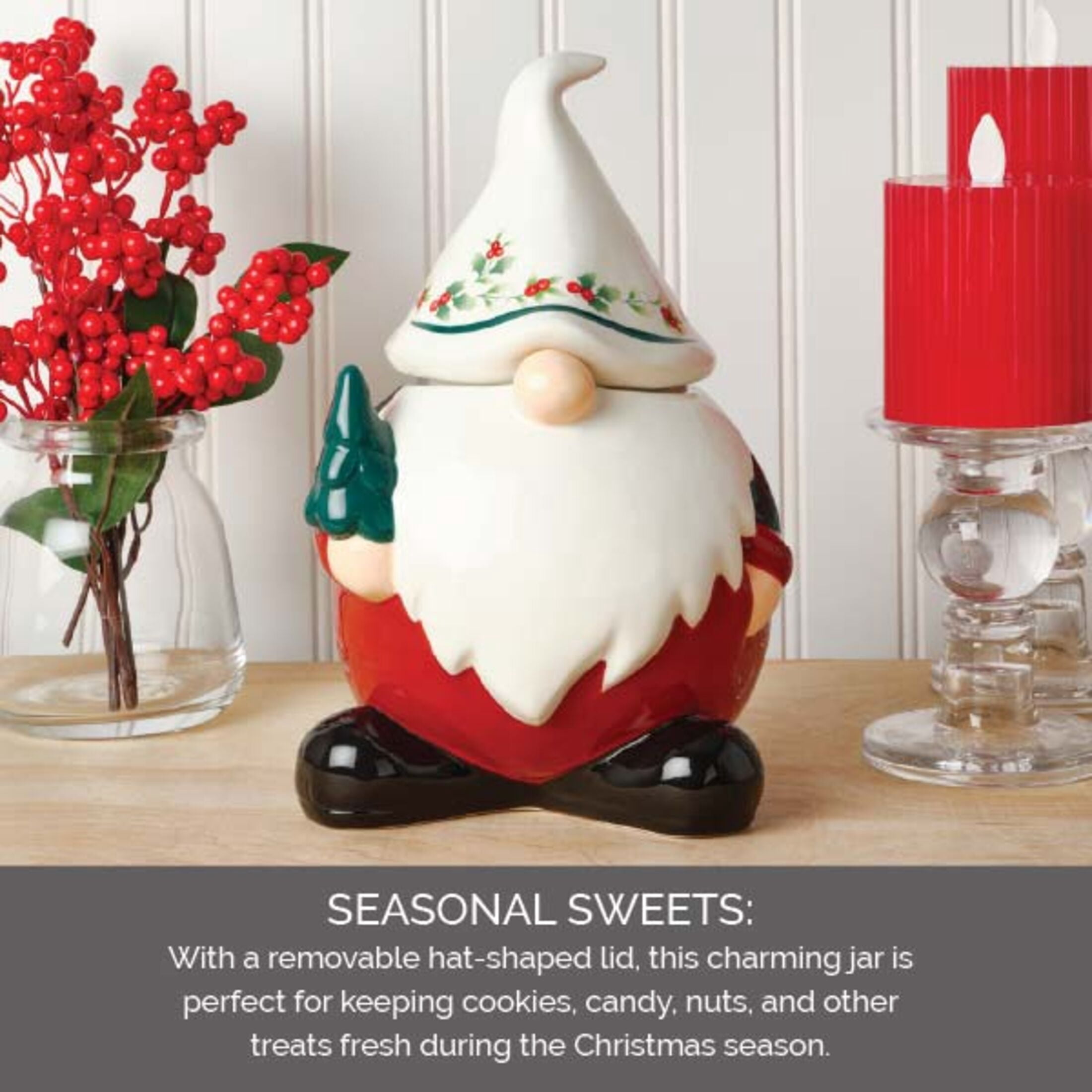 Pfaltzgraff Winterberry 10 in Dolomite Gnome Cookie Jar Canister