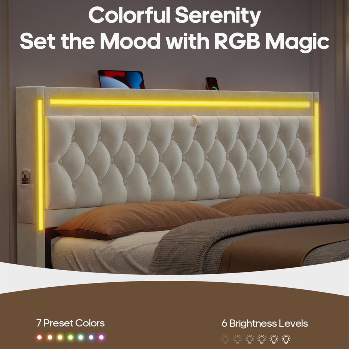 Queen Size Bed Frame with 5 Storage Drawers and Storage Headboard with RGB Lights & Charging Station, Velvet Upholstered Platform Bed Queen Size, No Box Spring Needed, Noise-Free,White
