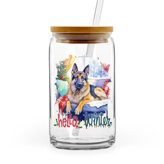 Watercolor Hello Winter German Shepherd Chill Christmas Welcome 16oz Glass Cup Mug Alsatian Dog Lover Gifts Glass Can with Bamboo Lid and Straw - 00016