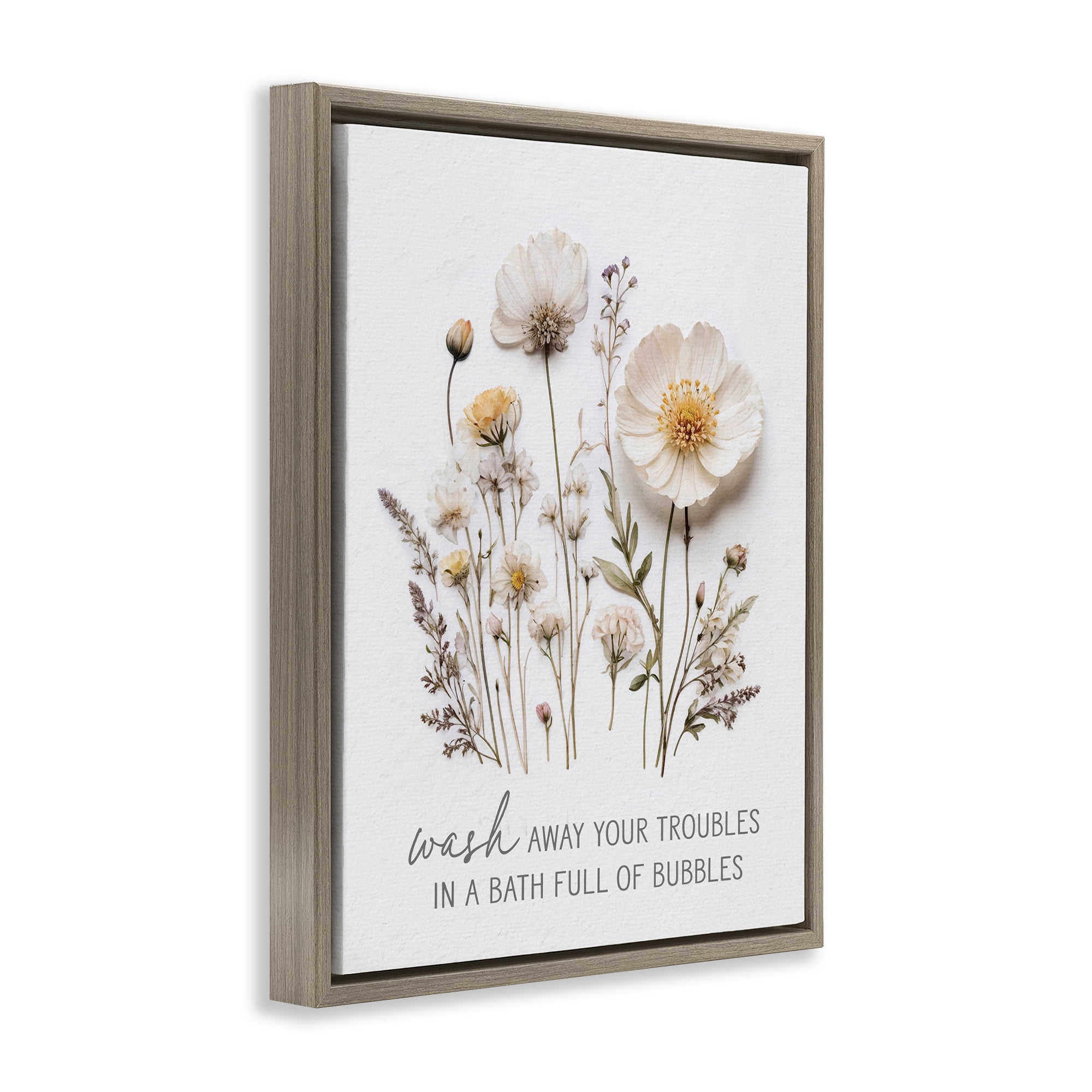 Pressed Flowers Wash Away Troubles Brown Framed Floater Canvas Wall Art, design by Lettered and Lined