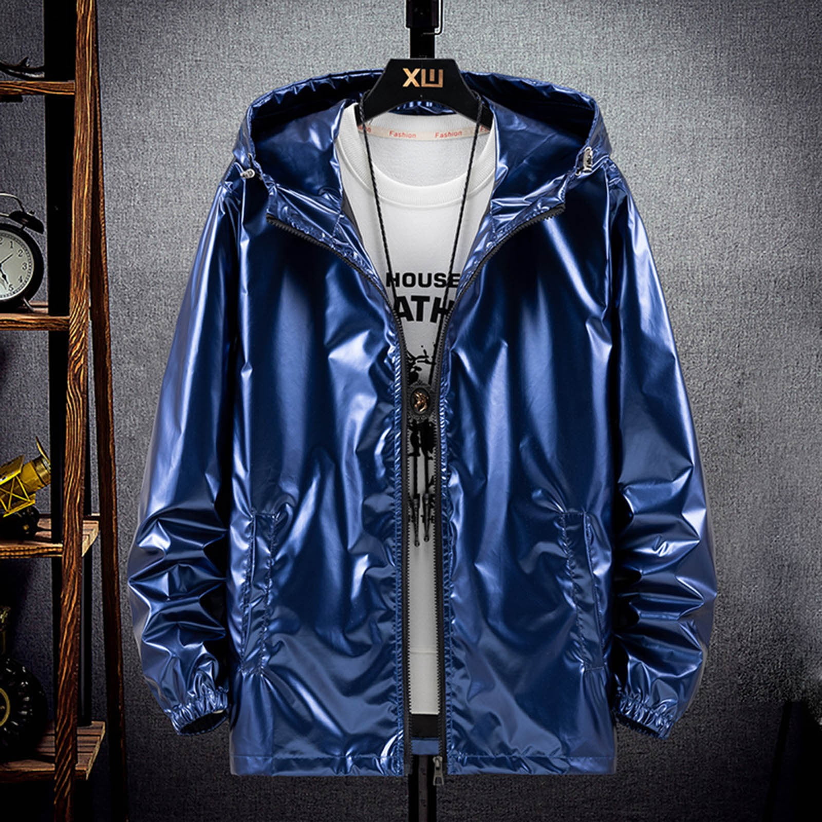 Holographic Jacket for Men Lightweight Long Sleeve Metallic Shiny Zip Up Hoodie Coat Outerwear with Pockets