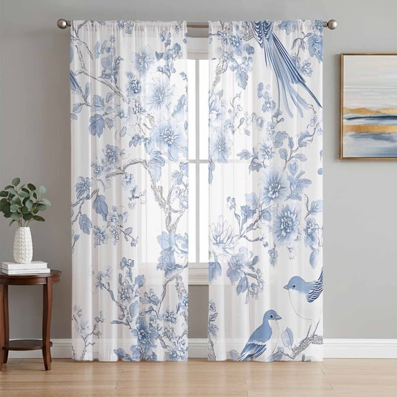 Light Blue Flowers Sheer Curtains 63 Inch Length 2 Panels Set, Spring Summer Floral Birds Voile Window Treatment Rod Pocket Curtains Sheers Drapes for Bedroom/Living Room/Kitchen 52x"63"x2