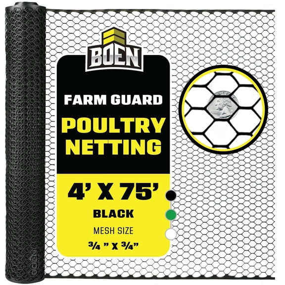 Boen - Plastic Hex Chicken Wire Mesh Temporary Fence Roll (4' x 75' - Black) - Plastic Fence Poultry Netting for Temporary or Semi Permanent Enclosures, Deer Netting Fence, Construction Fencing