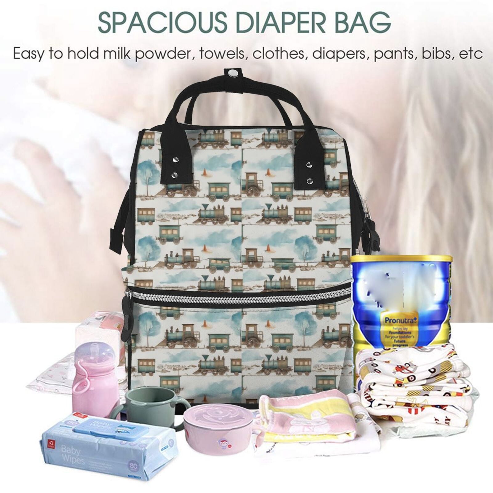 Ratiio Transport Train Mummy Backpack - Waterproof Twill Canvas, Large Capacity Diaper Bag with Multiple Pockets and Adjustable Straps