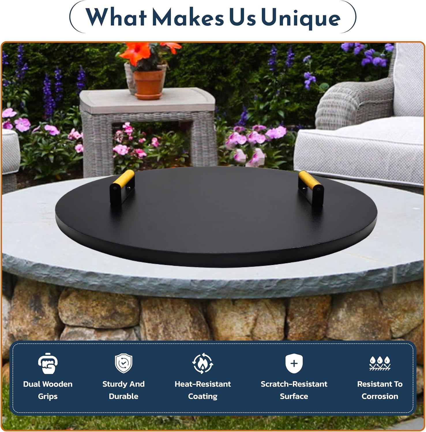 FEBTECH 22.5" Firepit Lid Cover Compatible for 22.1 Smokeless Fire Pit with Dual Wooden Handles