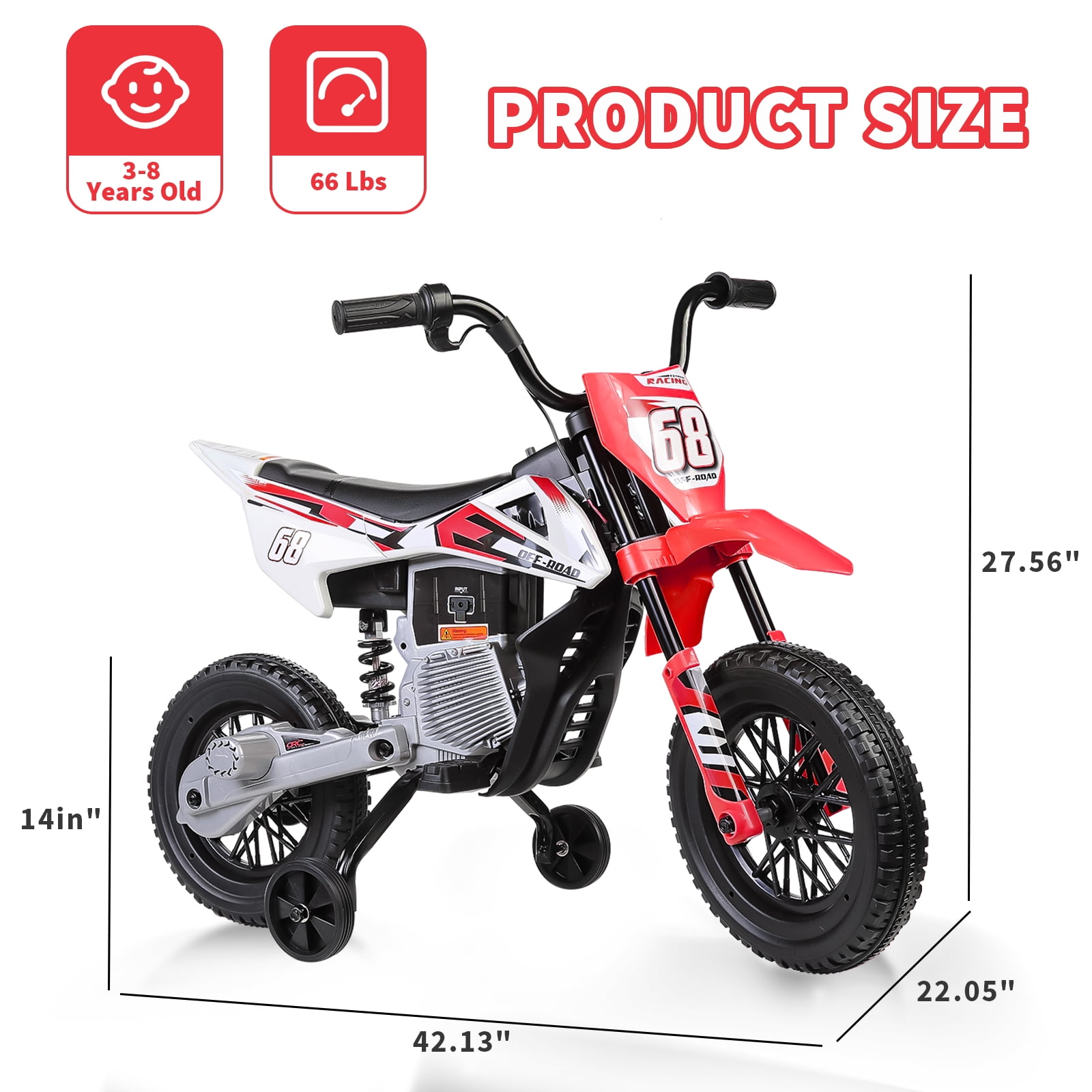 Funcid 12V Electric Dirt Bike with Twist Grip Throttle, Ride on Motorcycle with 2 Training Wheels, Suitable for Ages 3-8, Bluetooth, MP3, Dual Motors, Spring Suspension